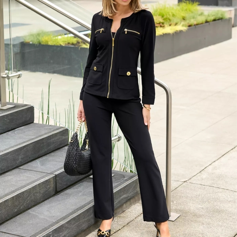 Boston Proper Elegant Black Pantsuit with Gold Details